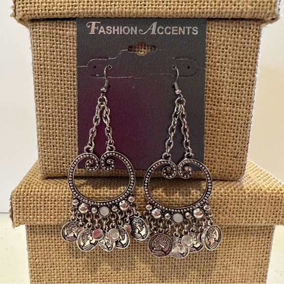 NWT Fashion Accents Earrings silver tone fish hook dangle big circle w/ coins - Picture 2 of 8